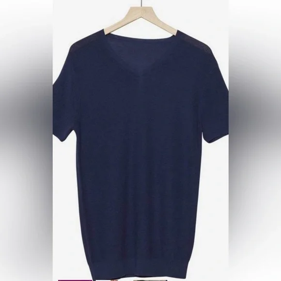State Cashmere Short Sleeve Knit V-Neck Top in Navy Blue Med EUC - Picture 9 of 9